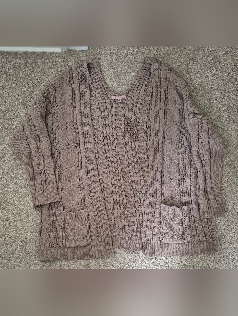 Oversized Medium Cozy Taupe-pinkish Cable Knit Open Cardigan Sweater - Women